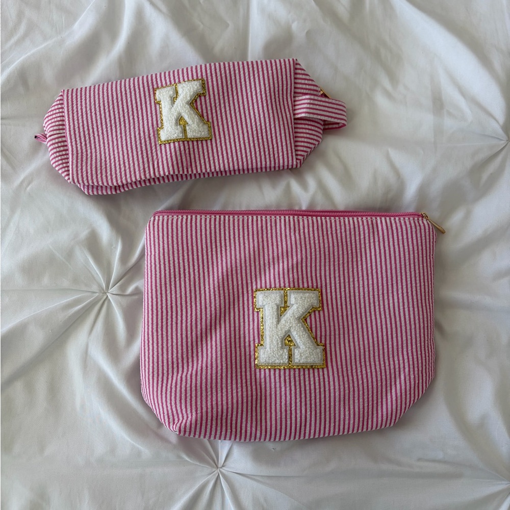 Pink Striped Cosmetic Pouch Set with Letter K